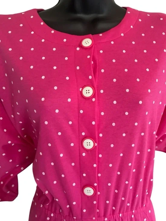 Vintage 80's Pink Polka Dot Button Front Dress Size L - Picture 2 of 10